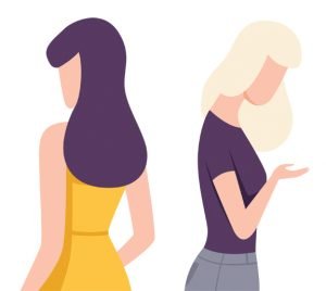 Cartoon image of two women standing back to back