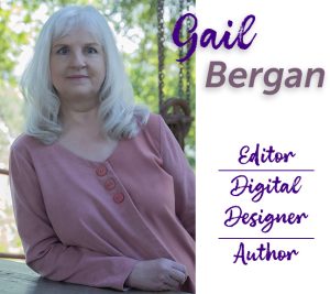 Closeup photo of the author in a pink shirt, with the text "Editor, digital designer, author" next to her image