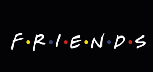 Image of the logo of the Friends TV show, black background with the text lettering in white on top