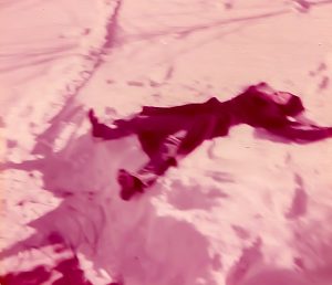Photo of my friend Diane making a snow angel in my back yard, about a week after the storm. Snow is piled up about 2 feet here.