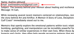 Screen shot of the book marketer's email, highlighting her Gmail address